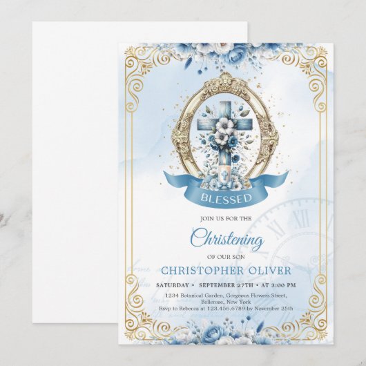 Blauwe en gouden bloemen rustieke houten kruis jon kaart (Voorkant / Achterkant)