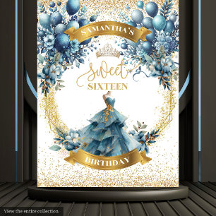 Blauwe en gouden bloemen Sweet Sixteen Party Wall Wandkleed