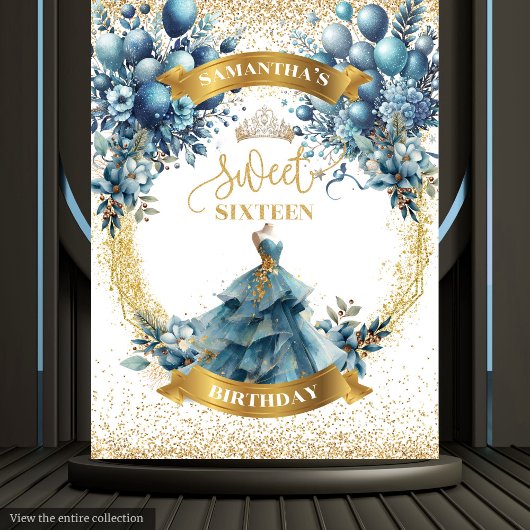 Blauwe en gouden bloemen Sweet Sixteen Party Wall Wandkleed