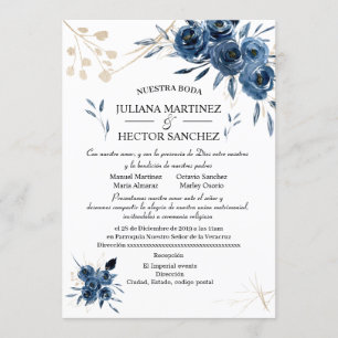 Blauwe en gouden bloemenuitnodiging (Español) Kaart