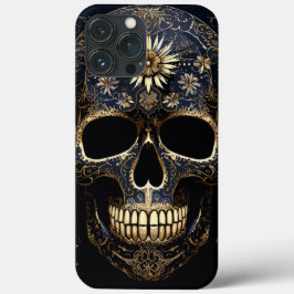 Blauwe en gouden bloemschedel Case-Mate iPhone case