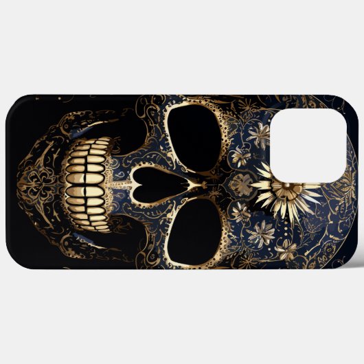 Blauwe en gouden bloemschedel Case-Mate iPhone case (Achterkant (horizontaal))