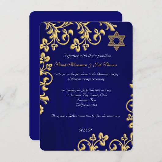 Blauwe en gouden brocade Joodse bruiloft Kaart (Voorkant / Achterkant)