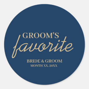Blauwe en gouden bruidegom's favoriete snack bruil ronde sticker