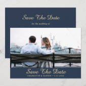 Blauwe en gouden bruiloft foto opslaan datumkaarte save the date (Voorkant / Achterkant)