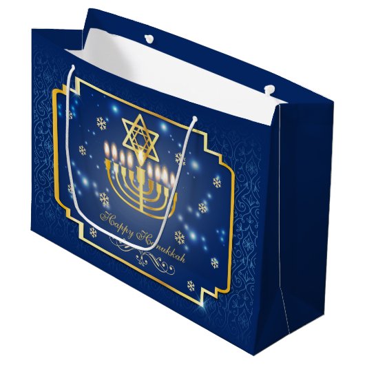 Blauwe en gouden decoratieve Hanukkah Large Cadeautasje (Voorkant Gekanteld)