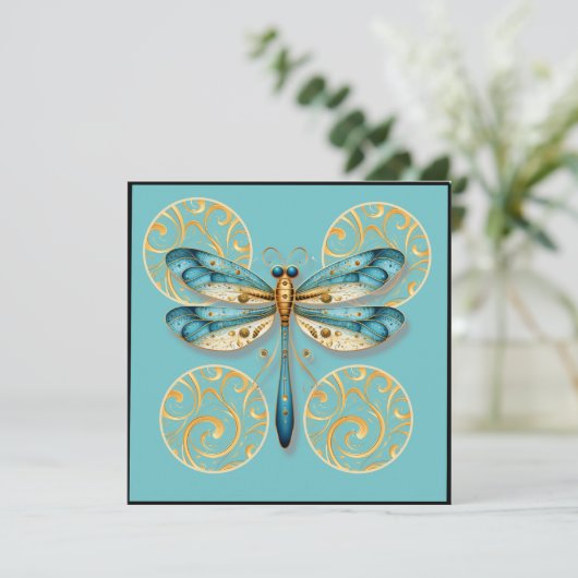 Blauwe en Gouden Dragonfly met Rand Kaart (Staand voorkant)