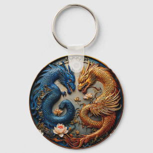 Blauwe en Gouden Draken in Yin Yang-ontwerp Sleutelhanger