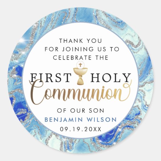  Blauwe en gouden eerste Heilige Communie Dank je  Ronde Sticker (Voorkant)