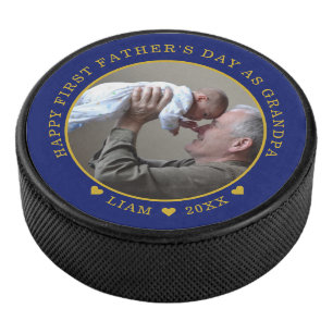 Blauwe en gouden eerste Vaderdag als foto op opa Hockey Puck