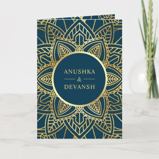 Blauwe en gouden etnische Mandala Indiaas huwelijk (Voorkant)