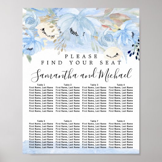 Blauwe en gouden Floral 8-tafel weddenschappen Poster (Voorkant)