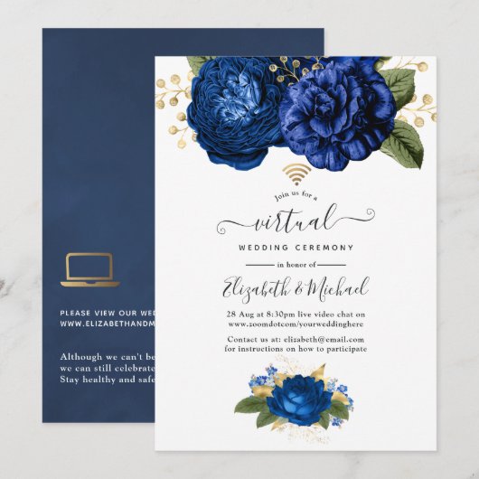 Blauwe en gouden Floral online virtuele bruiloft Kaart (Voorkant / Achterkant)