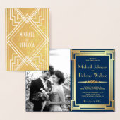 Blauwe en Gouden Folie Art Deco Bruiloft Uitnodigi Folie Kaarten (Display)