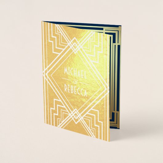 Blauwe en Gouden Folie Art Deco Bruiloft Uitnodigi Folie Kaarten (Voorkant)