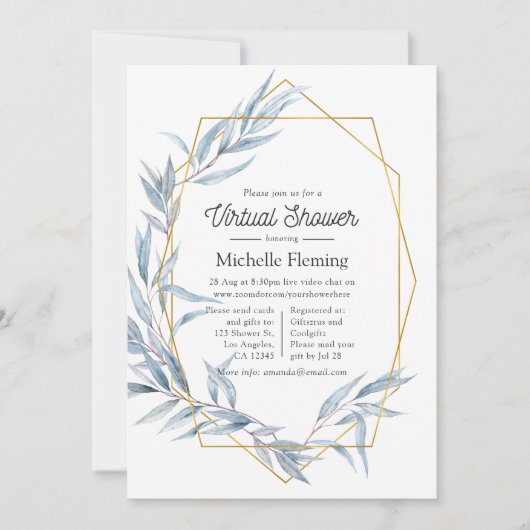 Blauwe en gouden geometrische Eucalyptus virtuele  Kaart (Voorkant)