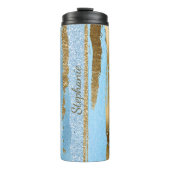 Blauwe en gouden Glitter Stripes Thermische Tumble Thermosbeker (Voorkant)