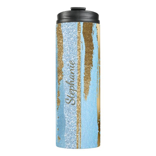 Blauwe en gouden Glitter Stripes Thermische Tumble Thermosbeker (Voorkant)