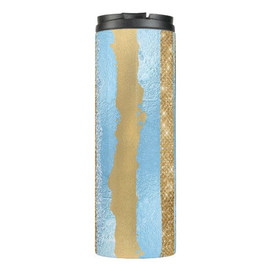 Blauwe en gouden Glitter Stripes Thermische Tumble Thermosbeker (Achterkant)