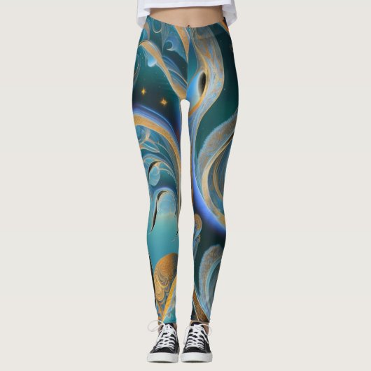 Blauwe en gouden golven leggings (Voorkant)