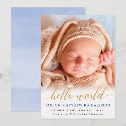 Blauwe en gouden hallo koninklijke babyjongen (Voorkant / Achterkant)