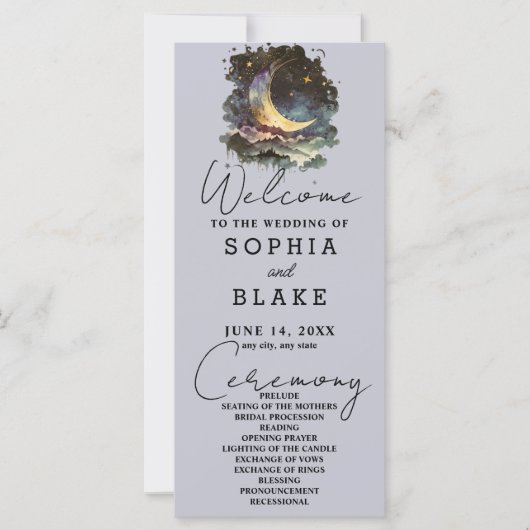 Blauwe en Gouden Halve Maan Sterren Wolken Bruilof (Voorkant)