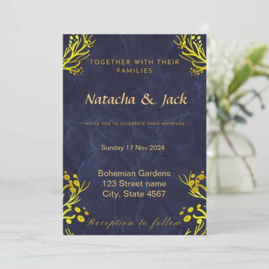  Blauwe en Gouden Huwelijksuitnodiging Kaart (Staand voorkant)