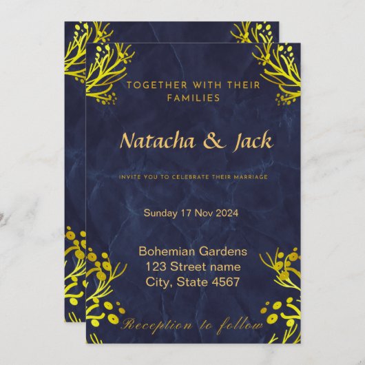  Blauwe en Gouden Huwelijksuitnodiging Kaart (Voorkant / Achterkant)
