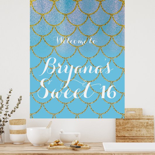 Blauwe en gouden ijzige Shimmer Mermaid Party Poster (Keuken)