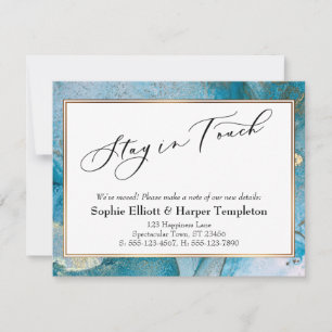 Blauwe en Gouden Inkt Elegante Nieuwe Adresaankond Notitiekaartje