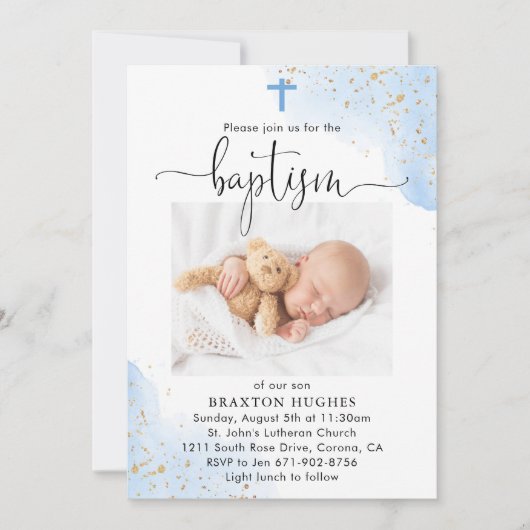 Blauwe en Gouden Jongen Doop Toewijding Kaart (Voorkant)