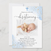 Blauwe en Gouden Jongen Doopsel Kaart (Voorkant)