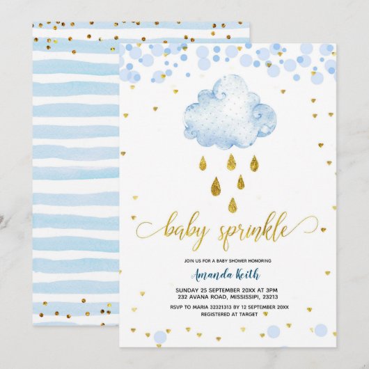 Blauwe en gouden jongen Raincluide Baby Sprinkle Kaart (Voorkant / Achterkant)