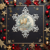 Blauwe en gouden kelk tin sneeuwvlok ornament