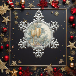 Blauwe en gouden kelk tin sneeuwvlok ornament