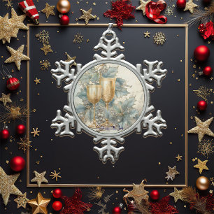 Blauwe en gouden kelk tin sneeuwvlok ornament