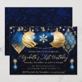 Blauwe en gouden kerstballen verjaardagsfeest kaart (Voorkant / Achterkant)