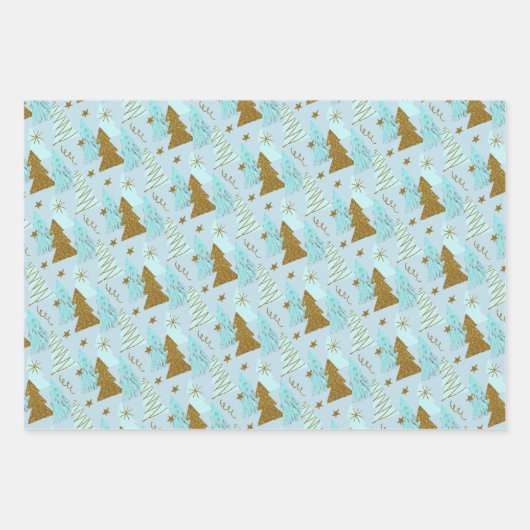 Blauwe en gouden kerstbomen inpakpapier vel (Voorkant 3)