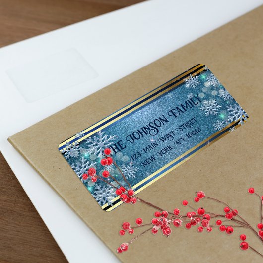 Blauwe en gouden kerstwinter etiket