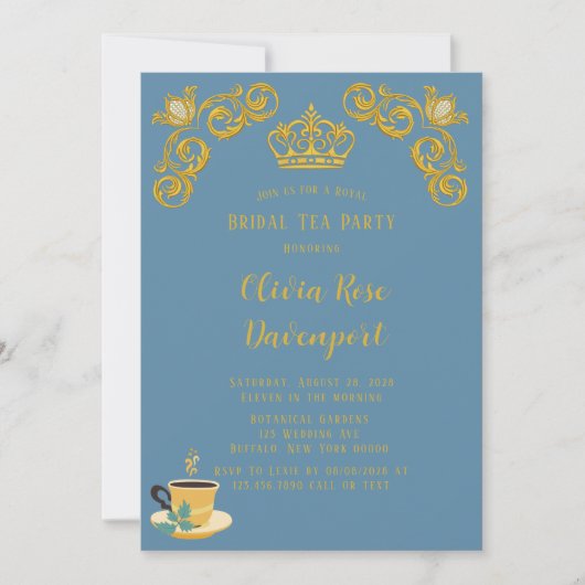 Blauwe en gouden koninklijke kroon Damask Bridal T Kaart (Voorkant)