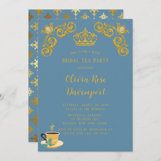 Blauwe en gouden koninklijke kroon Damask Bridal T Kaart (Voorkant / Achterkant)