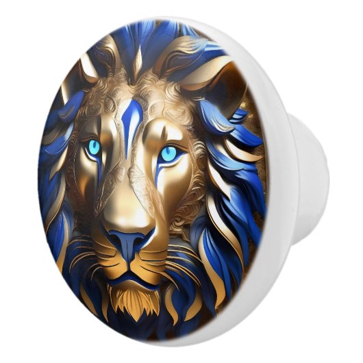 Blauwe en gouden leeuwenkop, keramische knop (Rechts)