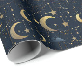 Blauwe en gouden maan en sterren cadeaupapier (Rol Hoek)