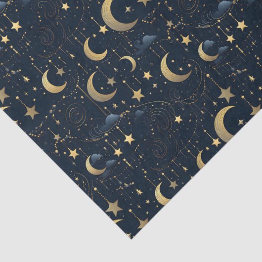 Blauwe en gouden maan en sterren tissuepapier (Detail)