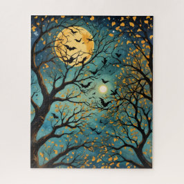 Blauwe en Gouden Maan Vleermuizen bij Nacht Jigsaw Legpuzzel