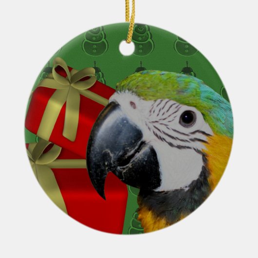 Blauwe en gouden Macaw Parrot kerstversiering Keramisch Ornament (Voorkant)