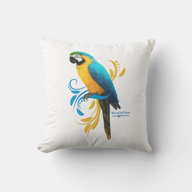 Blauwe en gouden Macaw Pillow Kussen (Voorkant)