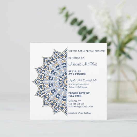 Blauwe en gouden Mandala Bridal Shower Kaart (Staand voorkant)