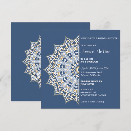 Blauwe en gouden Mandala Bridal Shower Kaart (Voorkant / Achterkant)