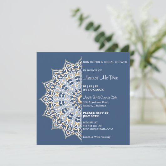Blauwe en gouden Mandala Bridal Shower Kaart (Staand voorkant)